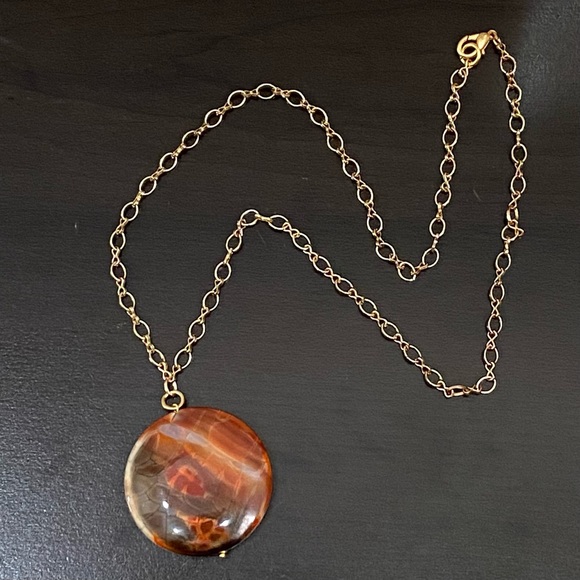 Brown Agate Semi-Precious Stone Circle Round Pendant Necklace - Picture 5 of 9